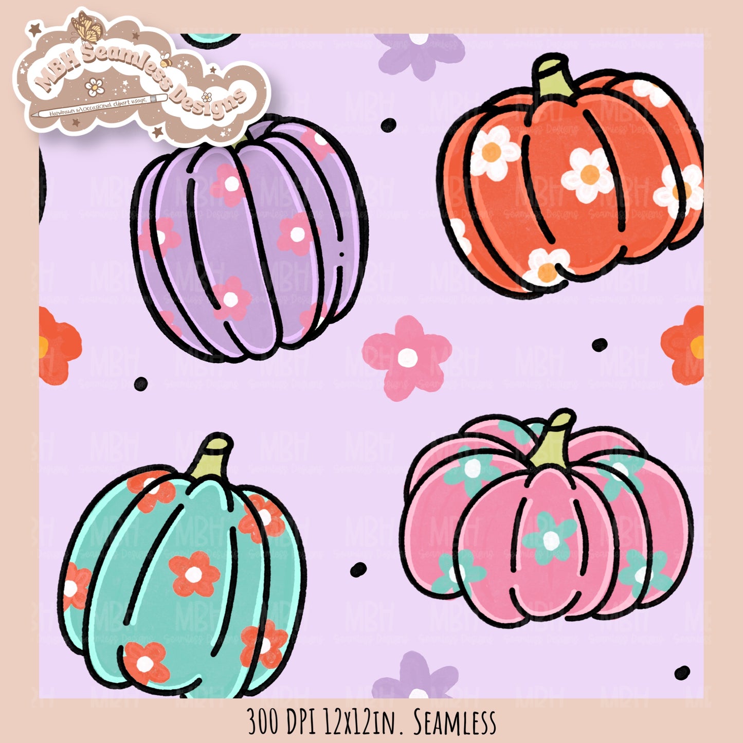 Daisy Pumpkins Seamless Pattern // Assorted Colorway Options