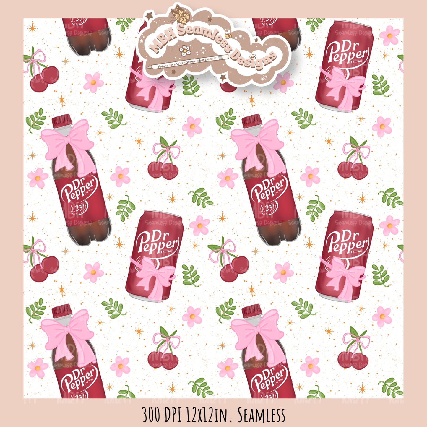 Coquette Dr. Pepper Floral Seamless Pattern // Multiple Colorway Options