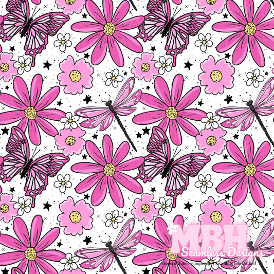 Pink Butterfly Dragonfly Floral Seamless Pattern MULTIPLE COLORWAYS