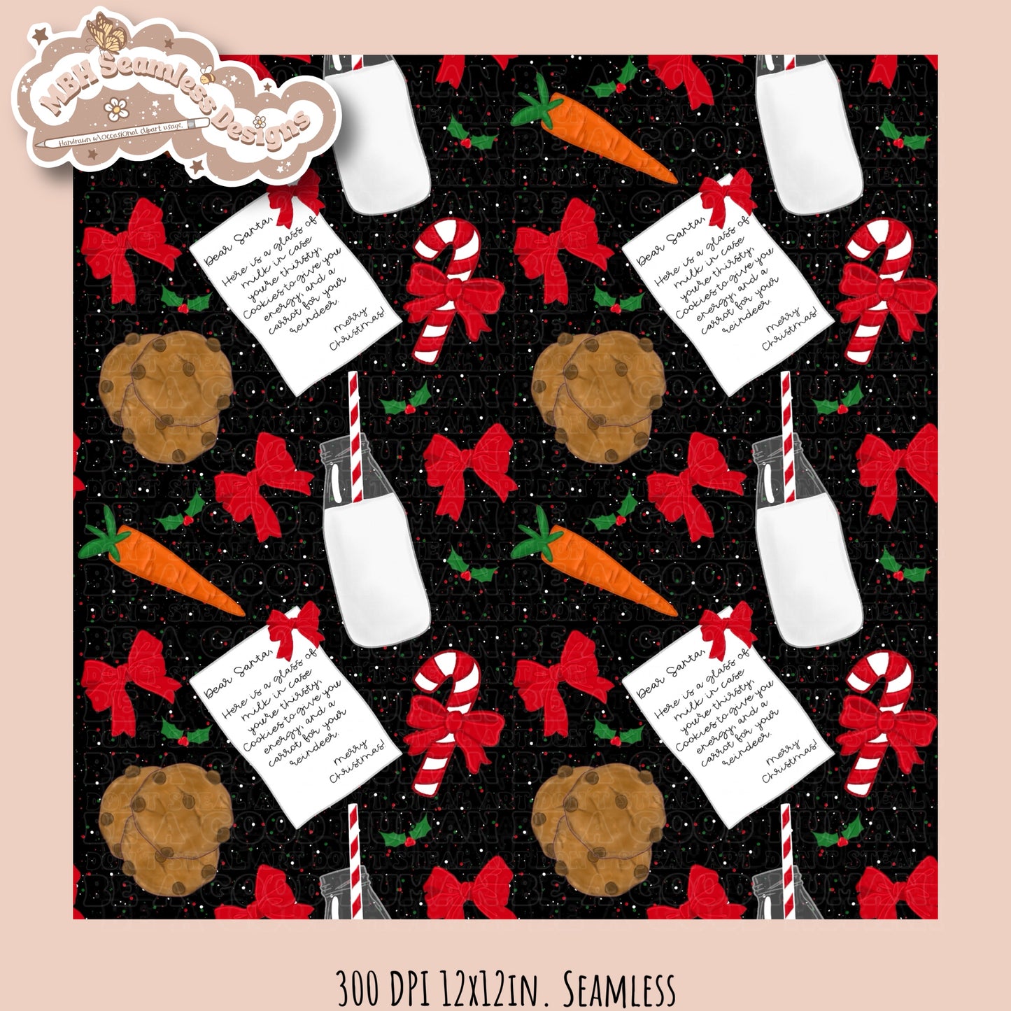 Dear Santa Milk & Cookies Seamless Pattern & PNG MULTIPLE COLORWAYS