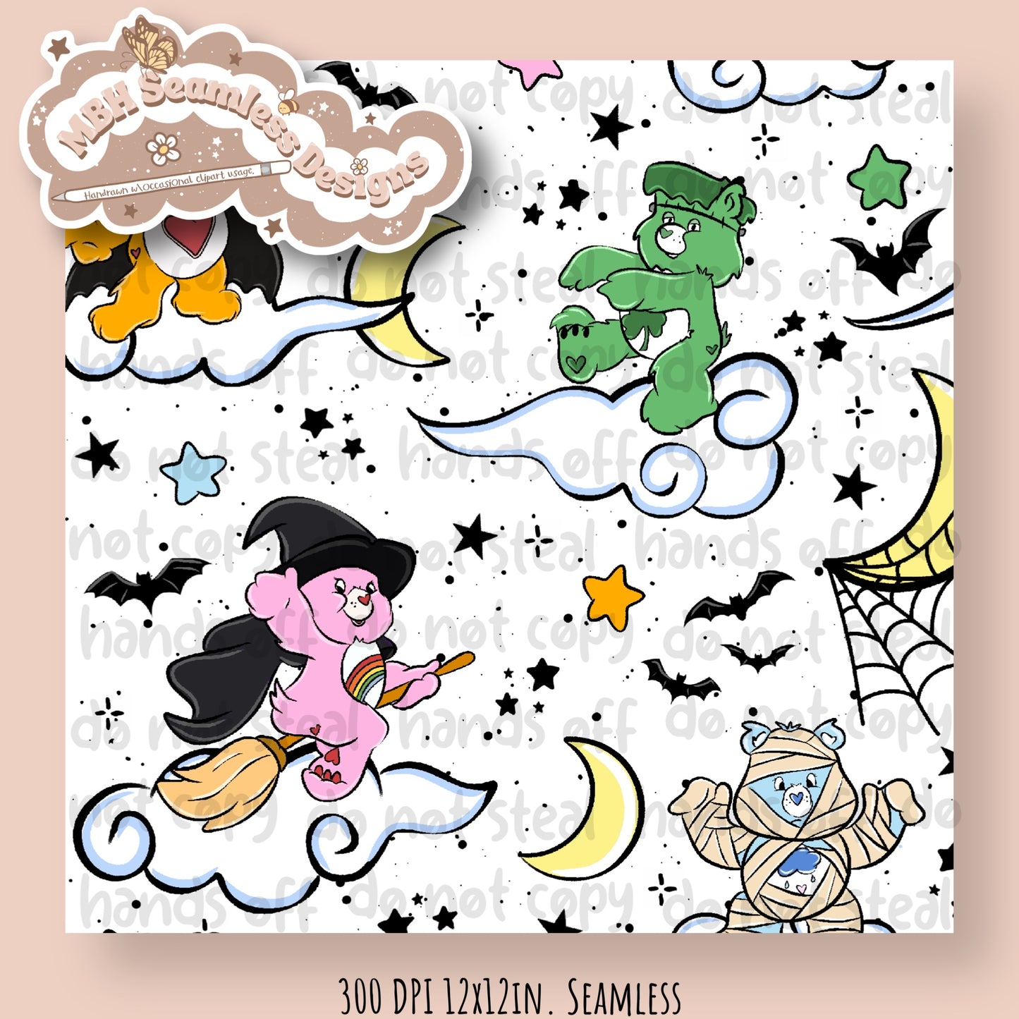 Spooky Care Bears Seamless Pattern & PNG MULTIPLE COLORWAYS