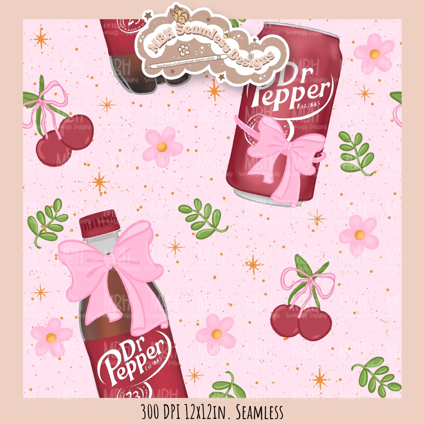 Coquette Dr. Pepper Floral Seamless Pattern // Multiple Colorway Options