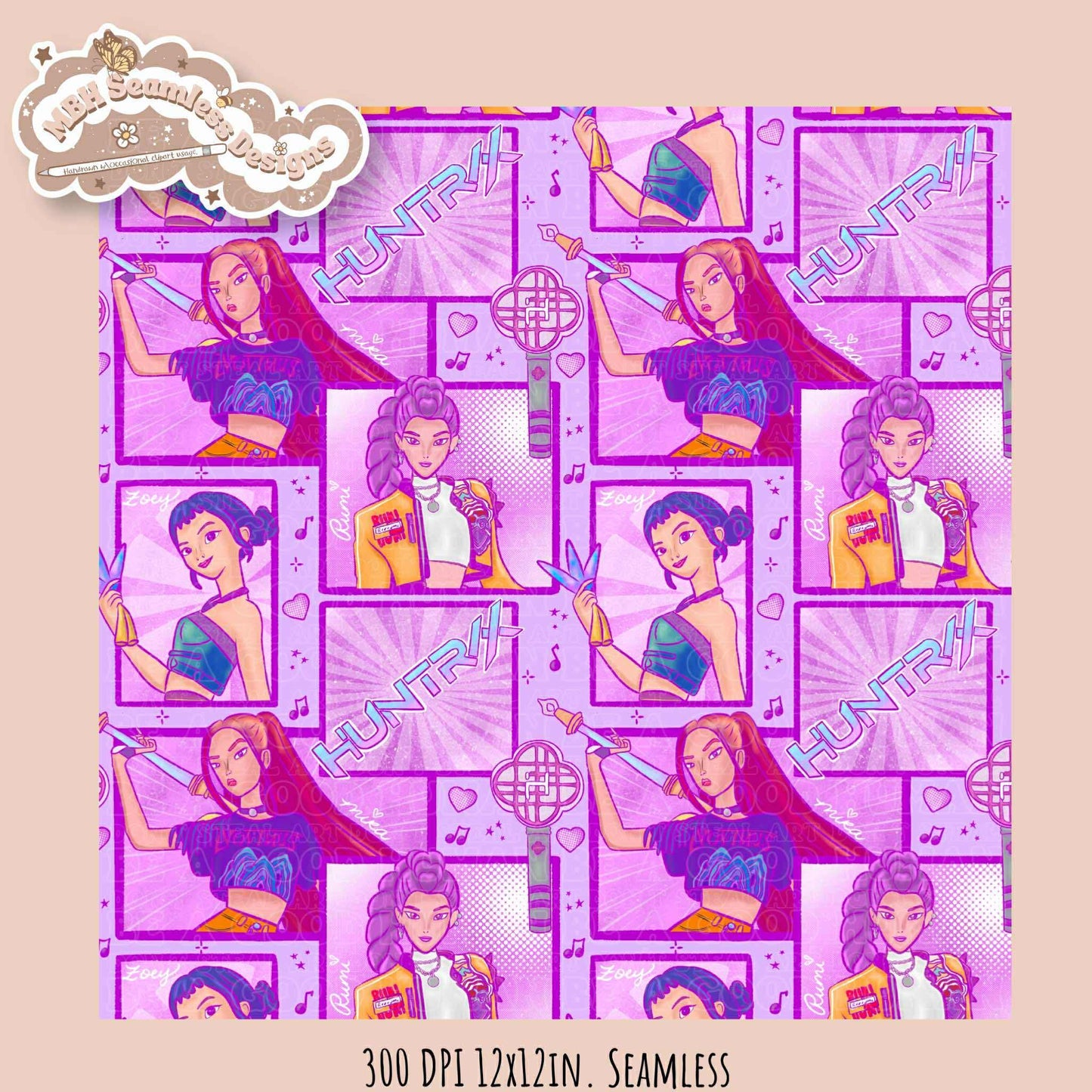 Comic Huntrx Seamless Pattern // PNG // Assorted Colorways
