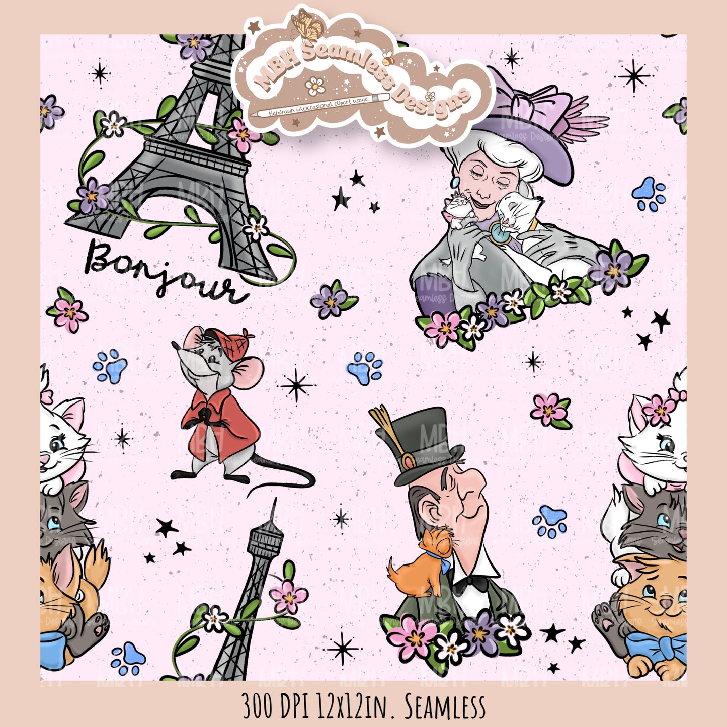 Floral Aristocats Seamless Pattern // PNG // Multiple Colorway Options
