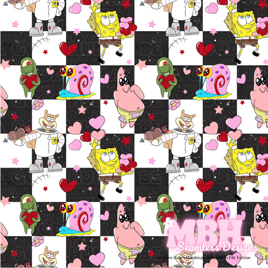 Checkered Spongebob & Friends Valentine’s Day Seamless Pattern