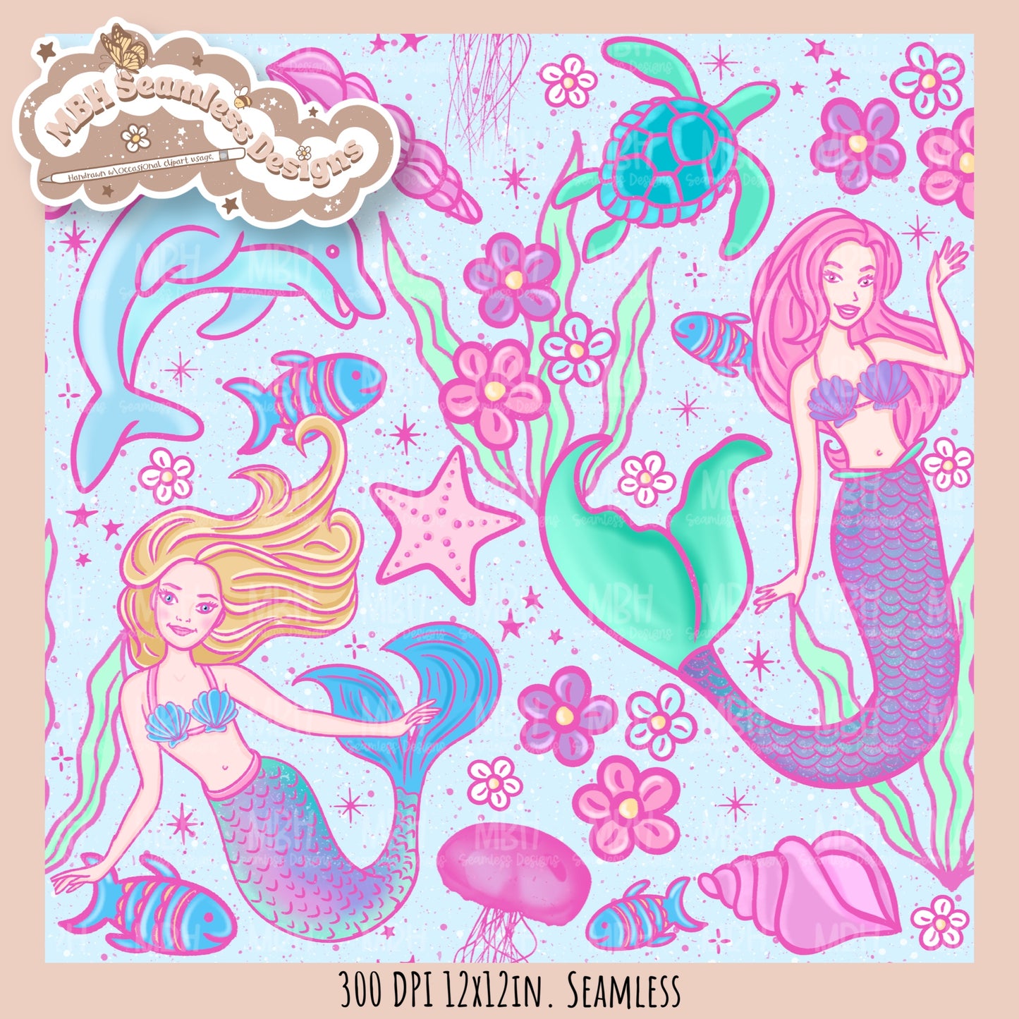 Barbie Mermaids Seamless Pattern //  MULTIPLE COLORWAYS