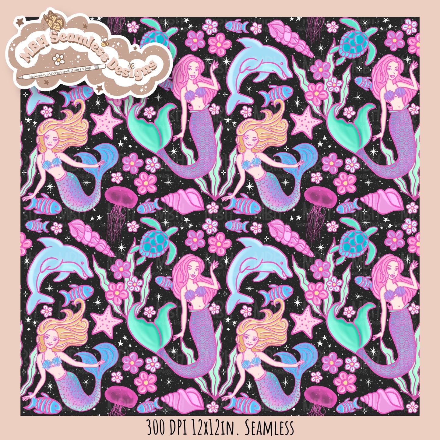 Barbie Mermaids Seamless Pattern //  MULTIPLE COLORWAYS