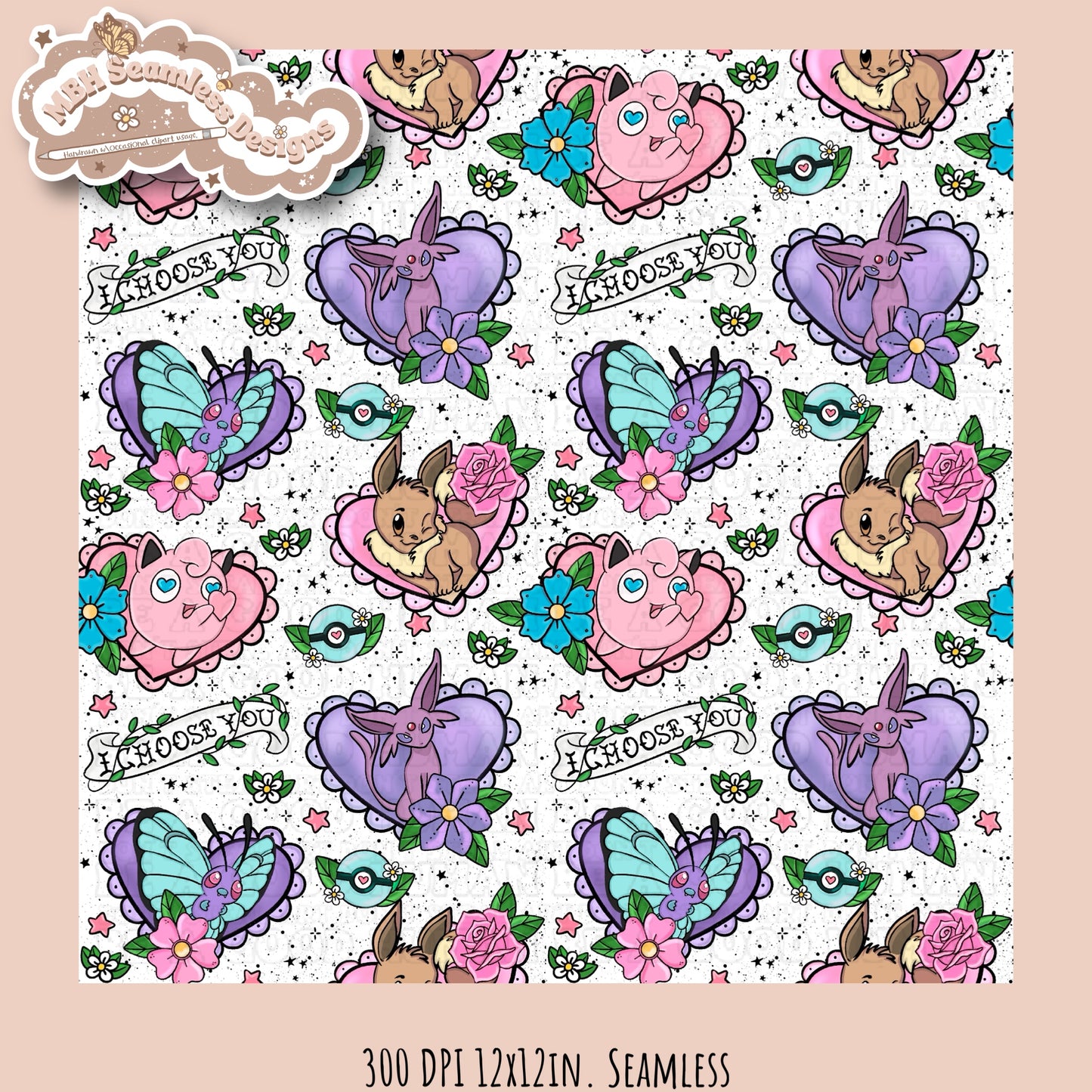 Pokémon Tattoo Hearts Seamless Pattern Multiple Colorways