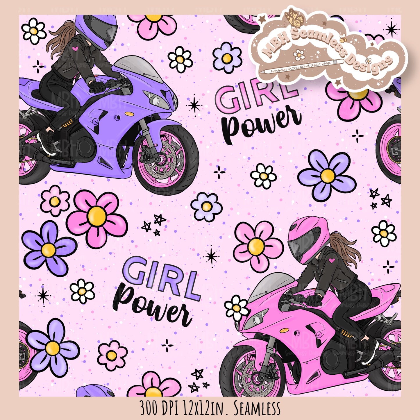 Moto Girl Power Seamless Pattern // PNG // Assorted Colorway Options