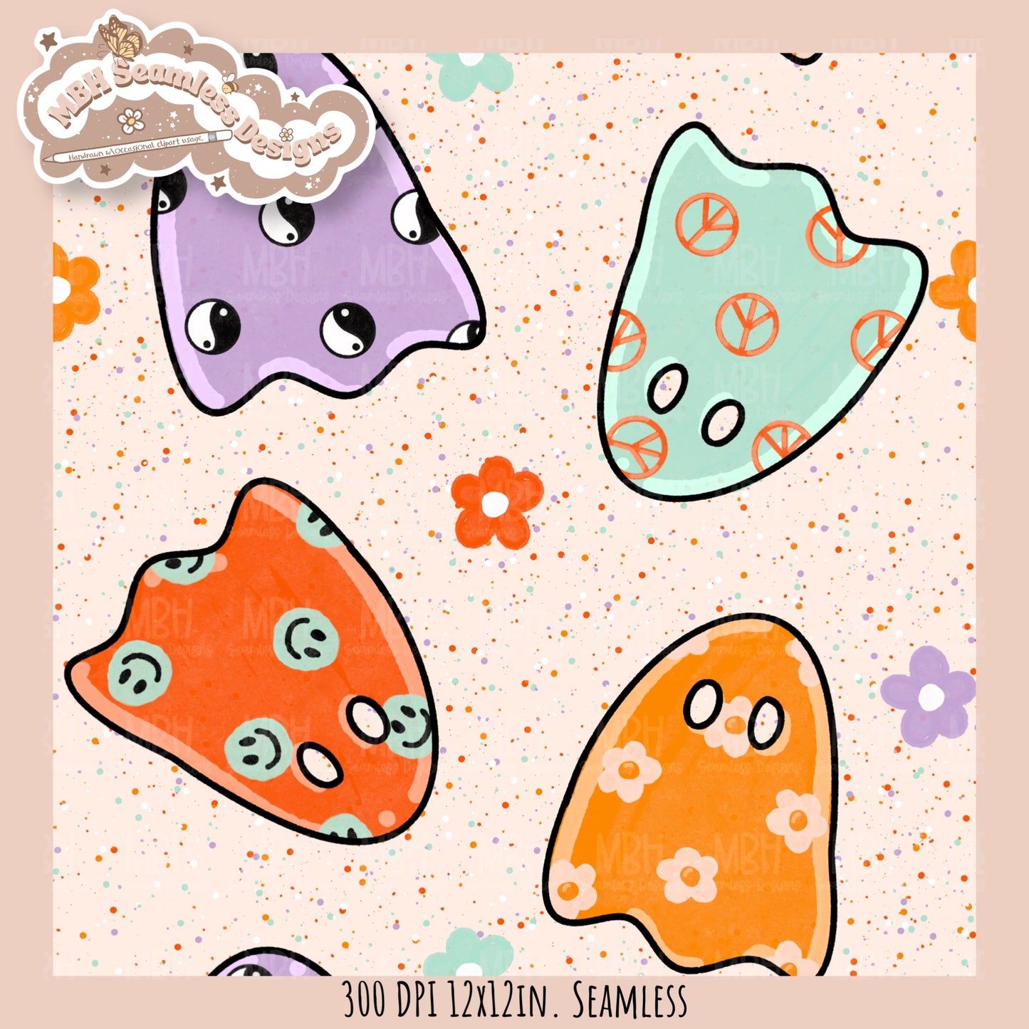 Groovy Ghouls Seamless Pattern // PNG // Assorted Colorway Options
