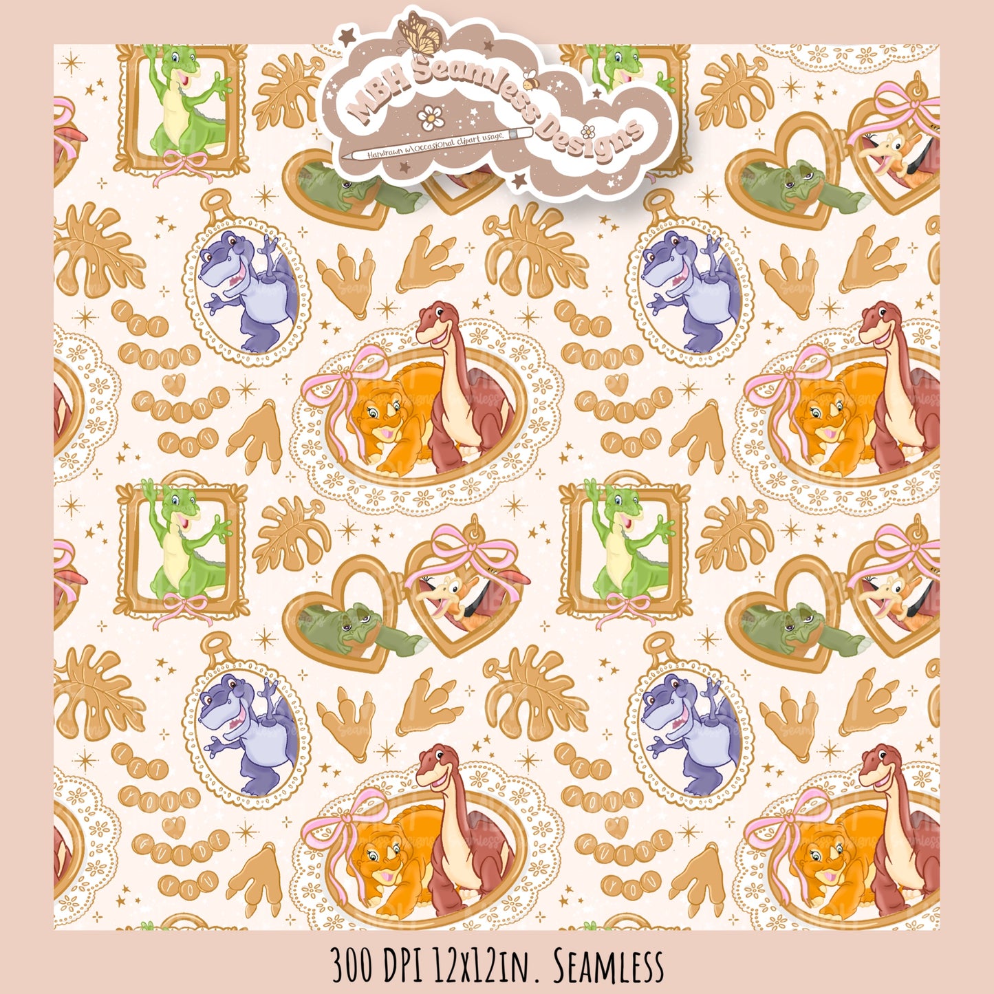LBT Dinosaur Gold Charms Seamless Pattern // PNG // Multiple Colorway Options