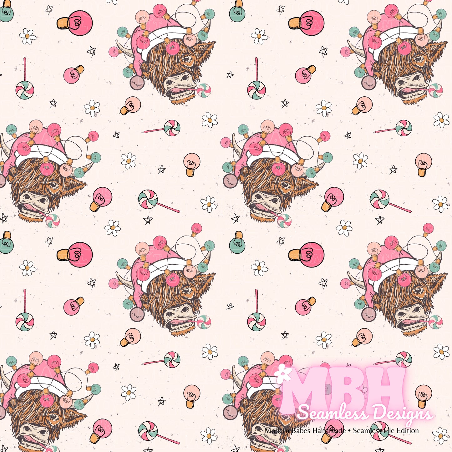 Holiday Highland Cows Seamless Pattern