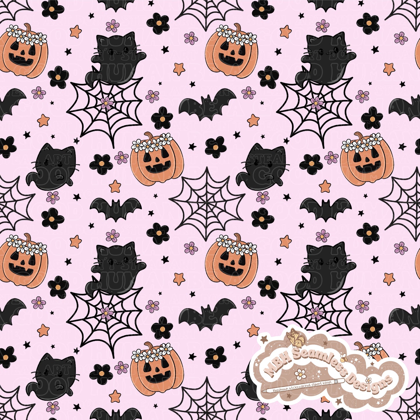 Spooky Floral Ghost Cats Seamless Pattern MULTIPLE COLORWAYS & COORD