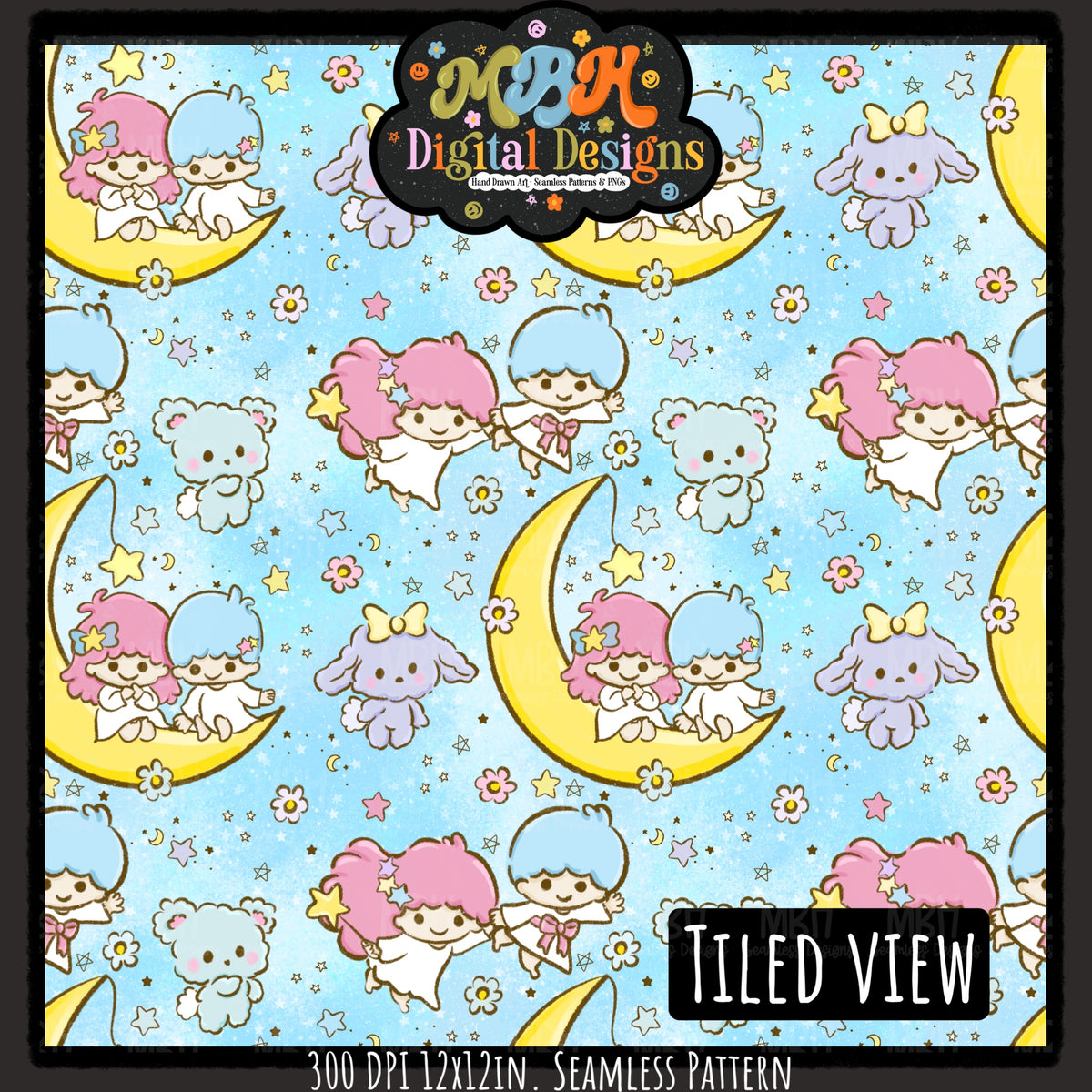 Little Twin Stars Seamless Pattern // PNG // Assorted Colorways