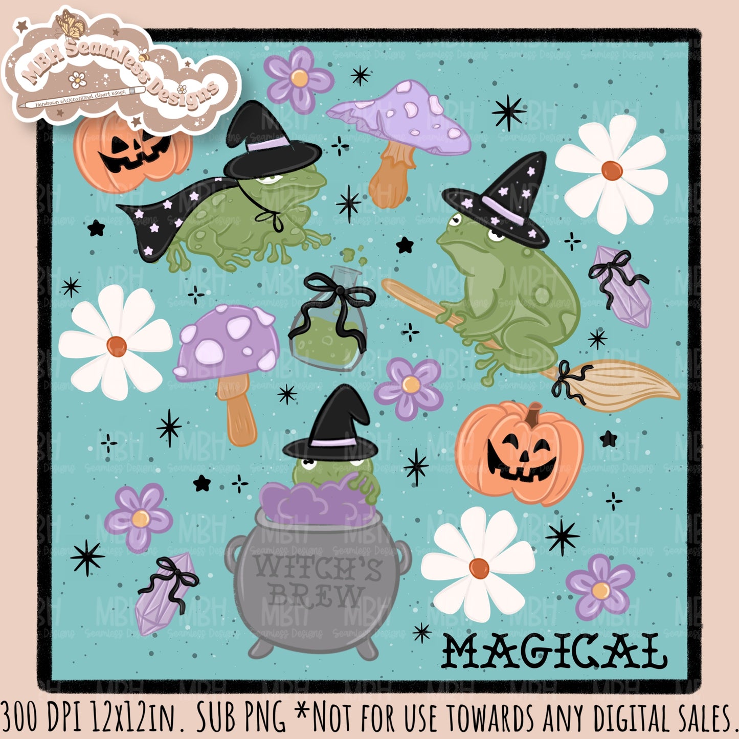 Coquette Witchy Frogs Seamless Pattern•PNG•Multiple Colorways