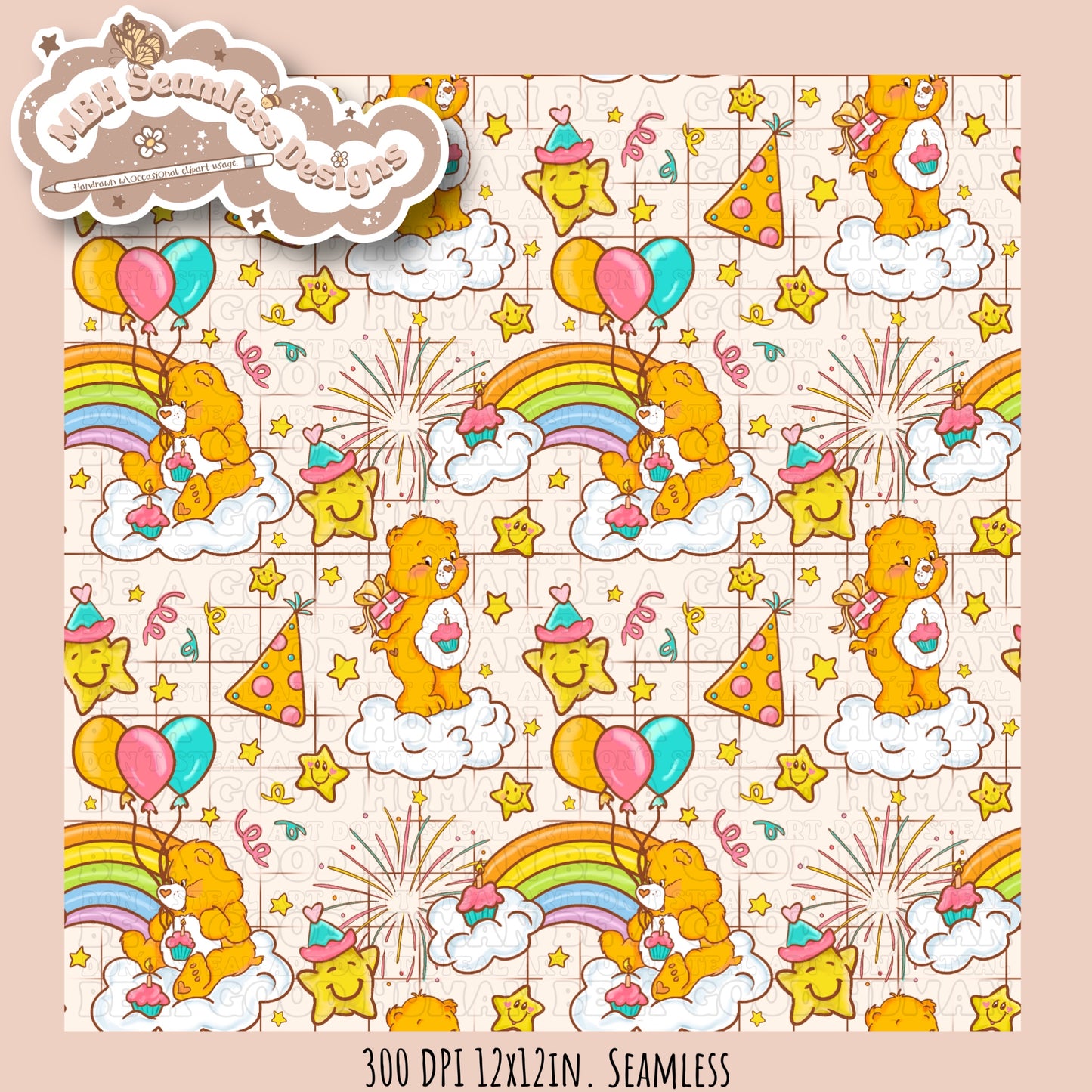 Birthday Care Bear Seamless Pattern & PNG MULTIPLE COLORWAY OPTIONS