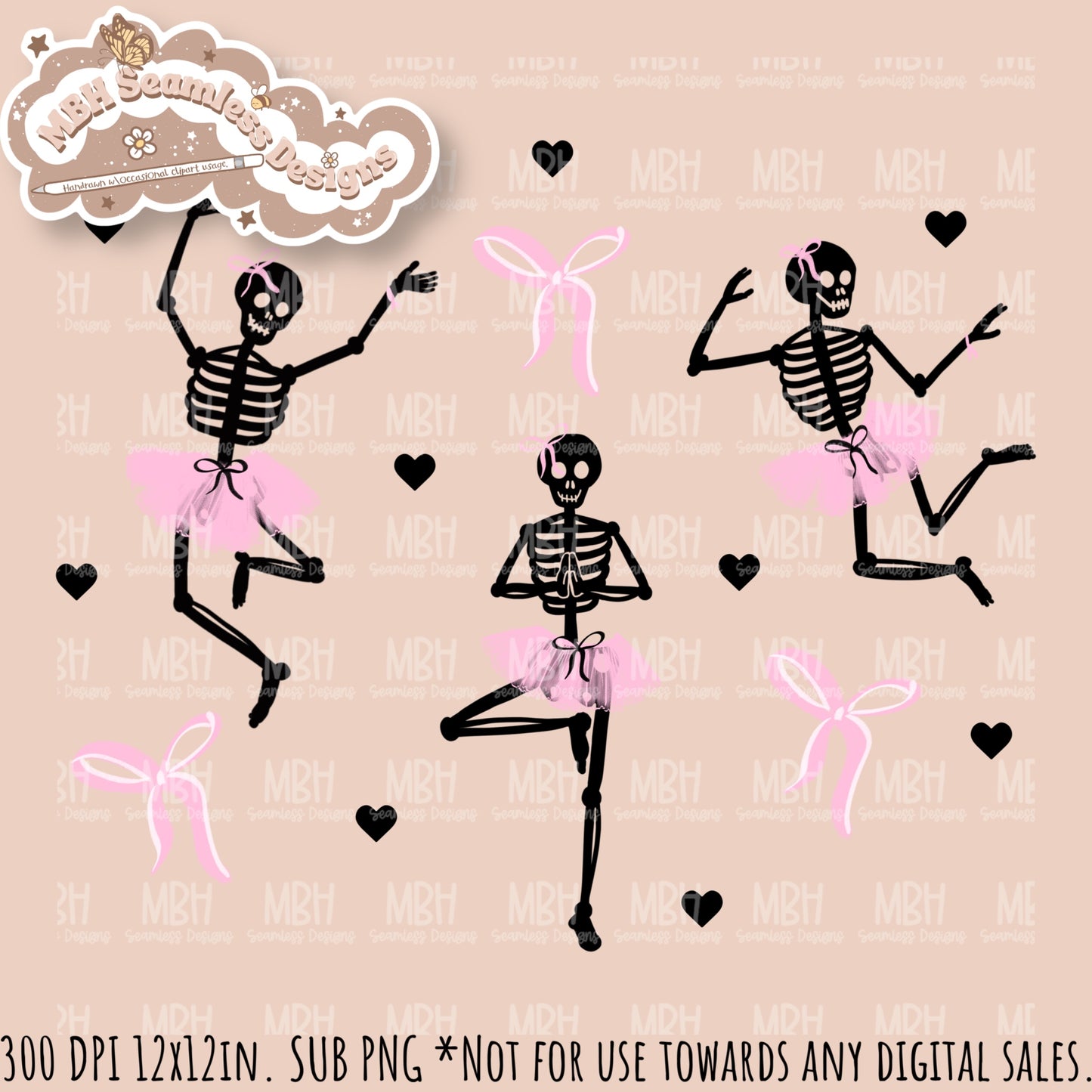 Ballerina Skeletons Seamless Pattern•PNG•Multiple Colorways
