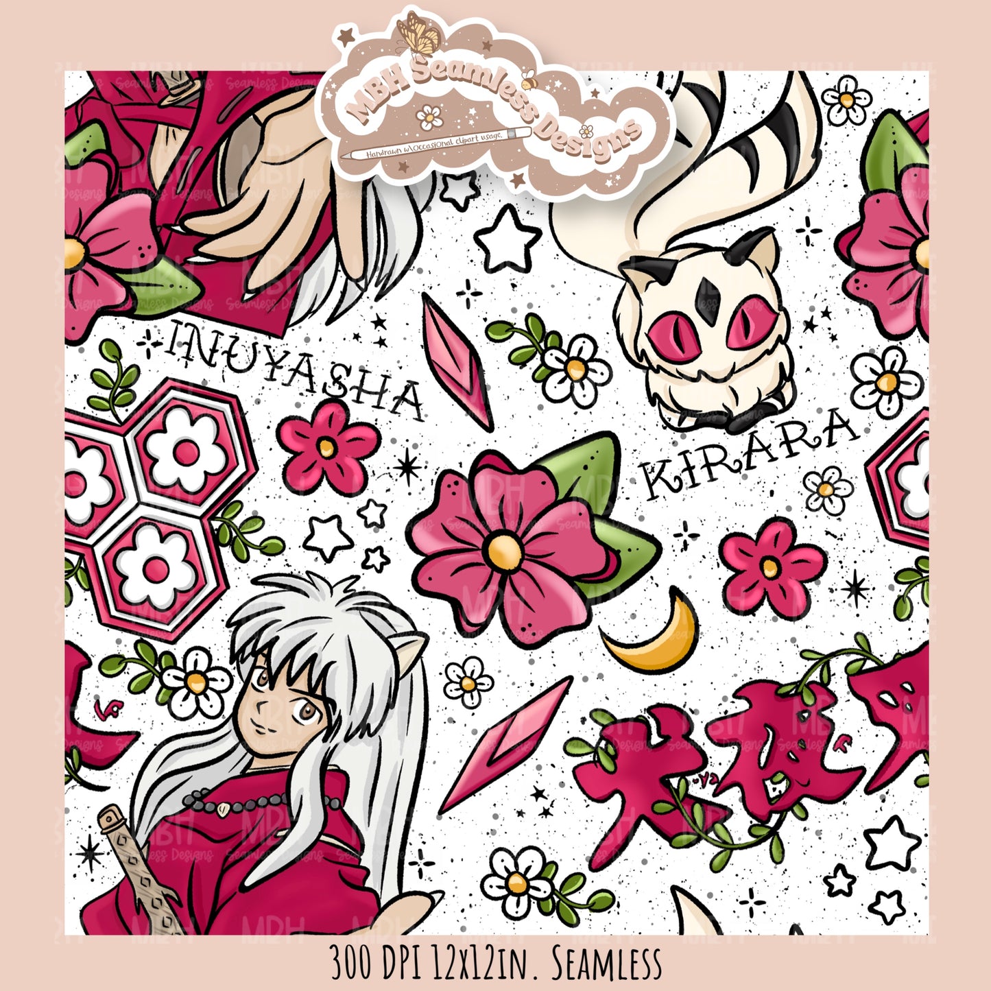 InuYasha Kirara Floral Seamless Pattern // PNG // MULTIPLE COLORWAY OPTIONS