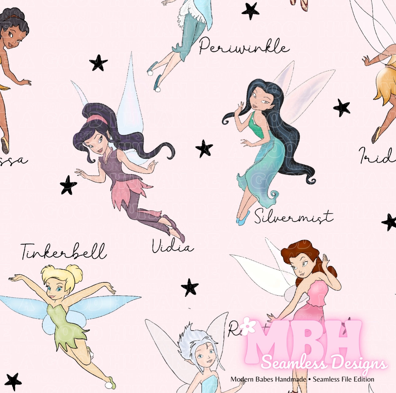 Tink & Friends Black Starry Names Seamless Pattern