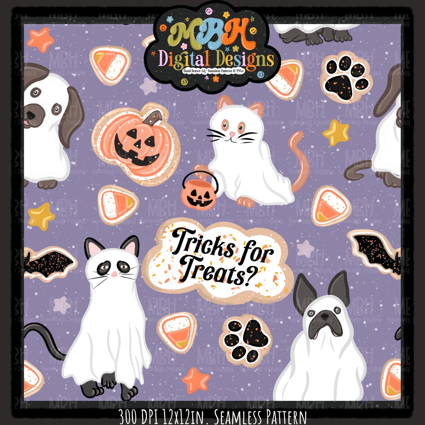 Ghost Cats & Dogs Seamless Pattern // PNG // MULTIPLE COLORWAYS