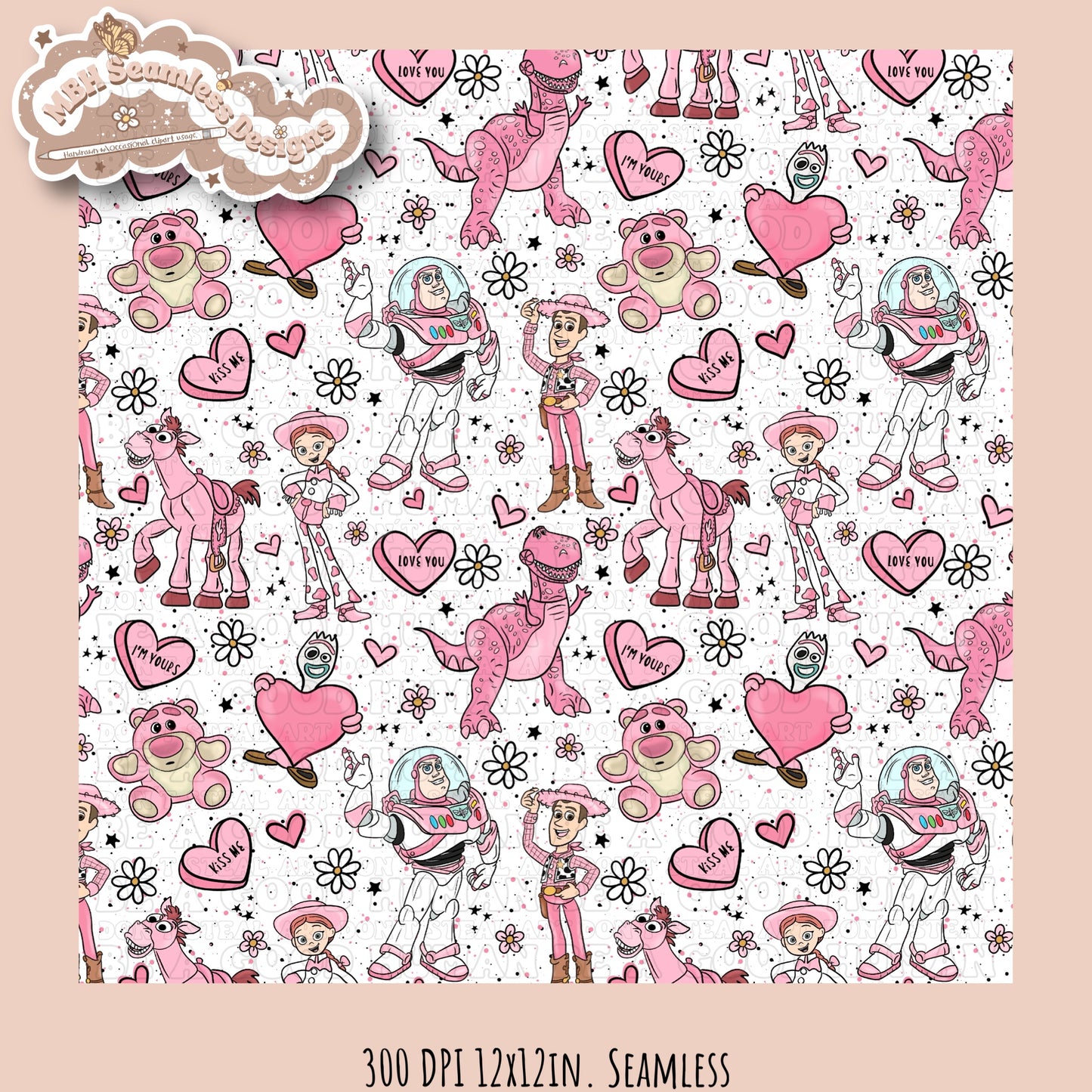 Pink Toy Story Valentine’s Day Seamless Pattern & PNG Multiple Colorways