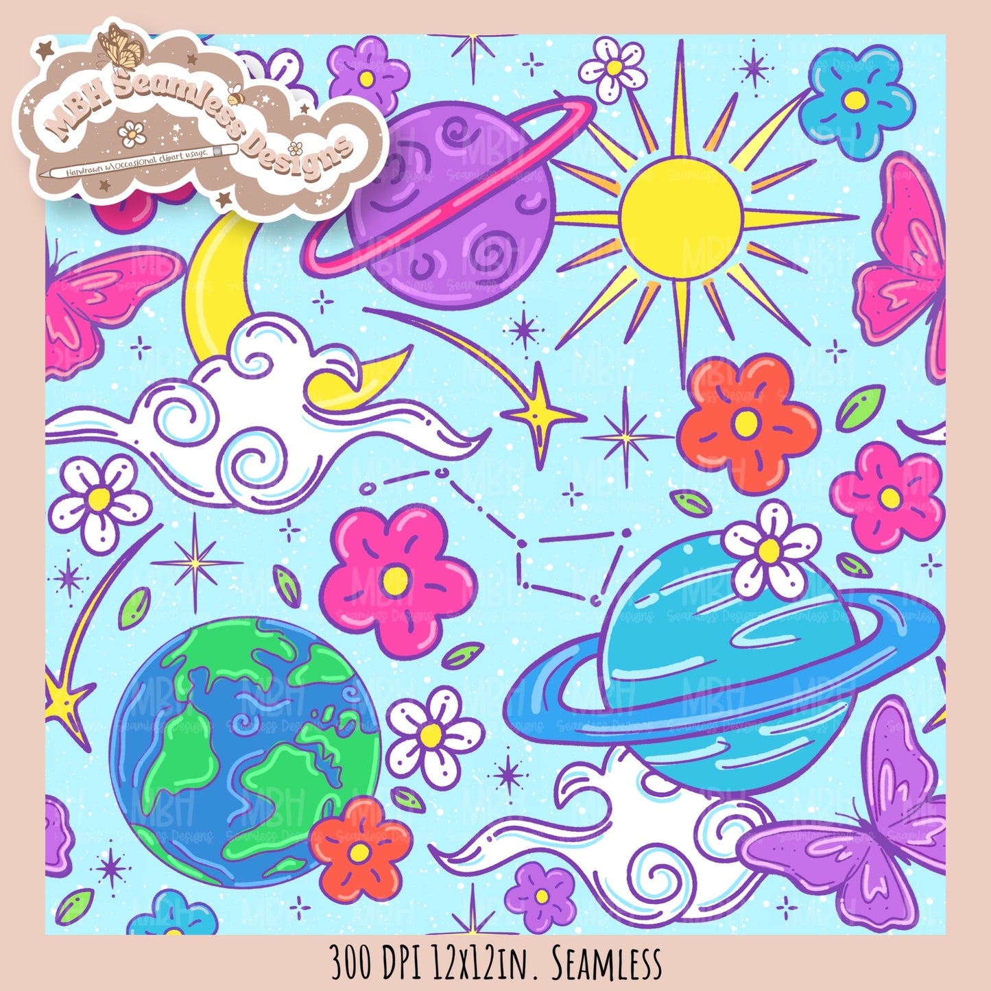 Bright Galaxy Floral Seamless Pattern Multiple Colorways