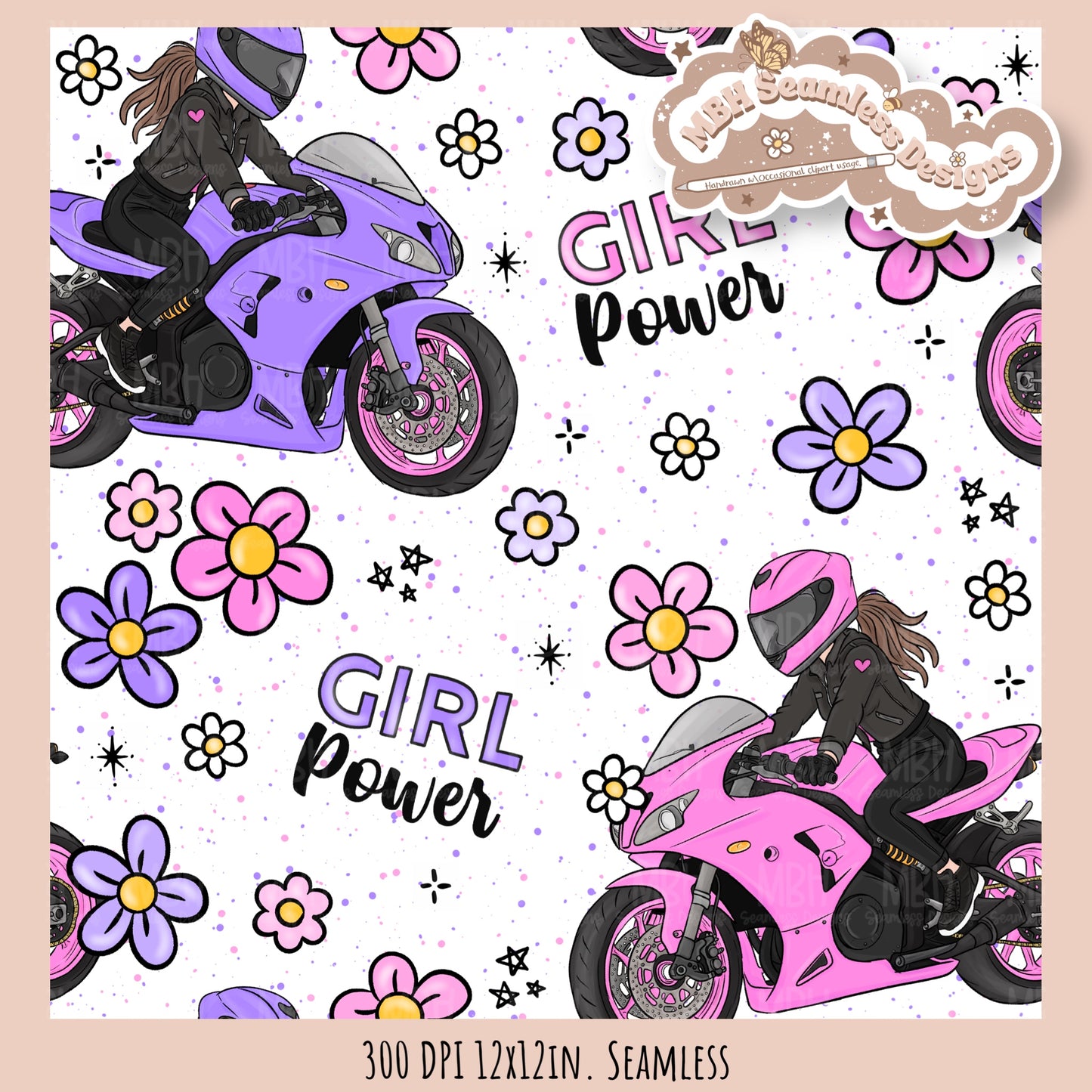 Moto Girl Power Seamless Pattern // PNG // Assorted Colorway Options