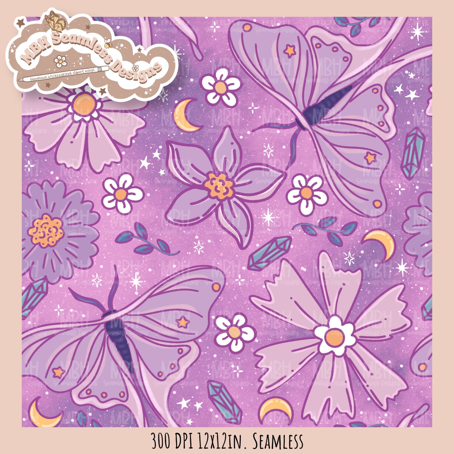 Starry Night Floral Luna Moths Seamless Pattern // PNG//  MULTIPLE COLORWAYS