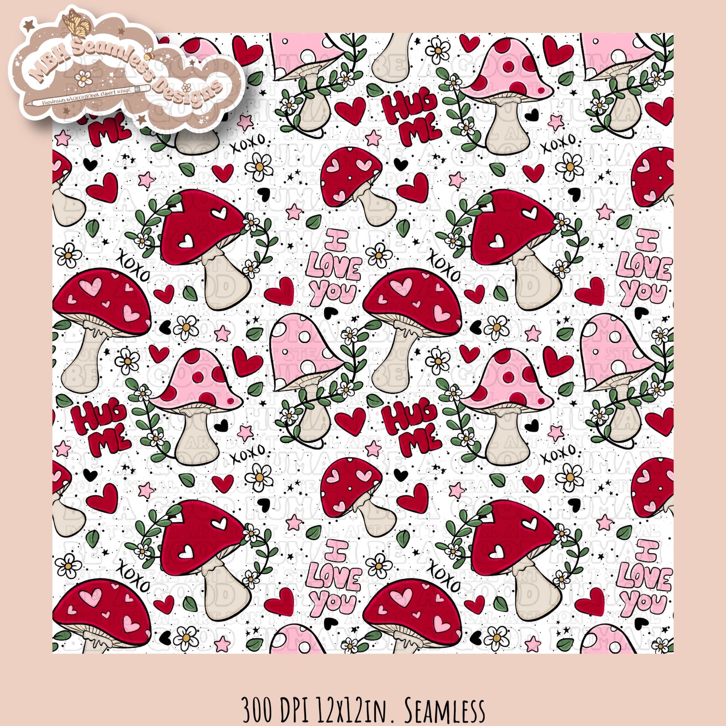 Mushroom Hearts Seamless Pattern Multiple Colorways