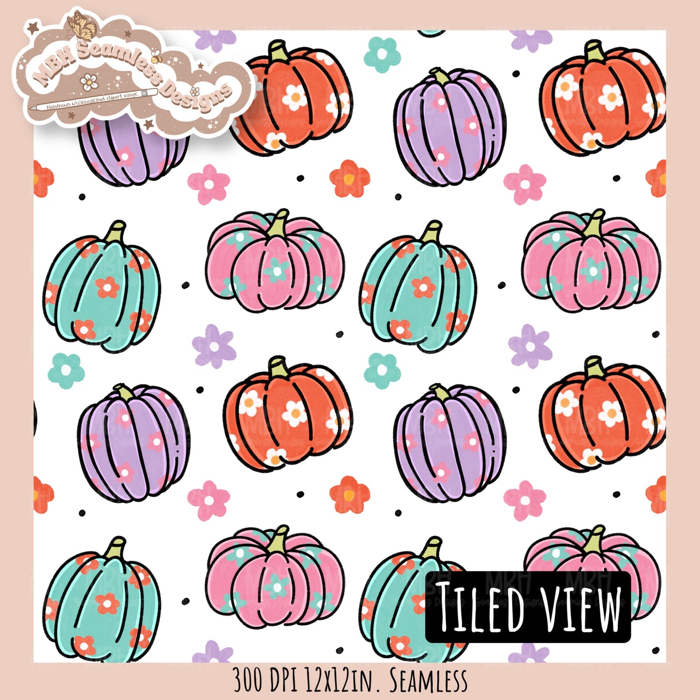 Daisy Pumpkins Seamless Pattern // Assorted Colorway Options