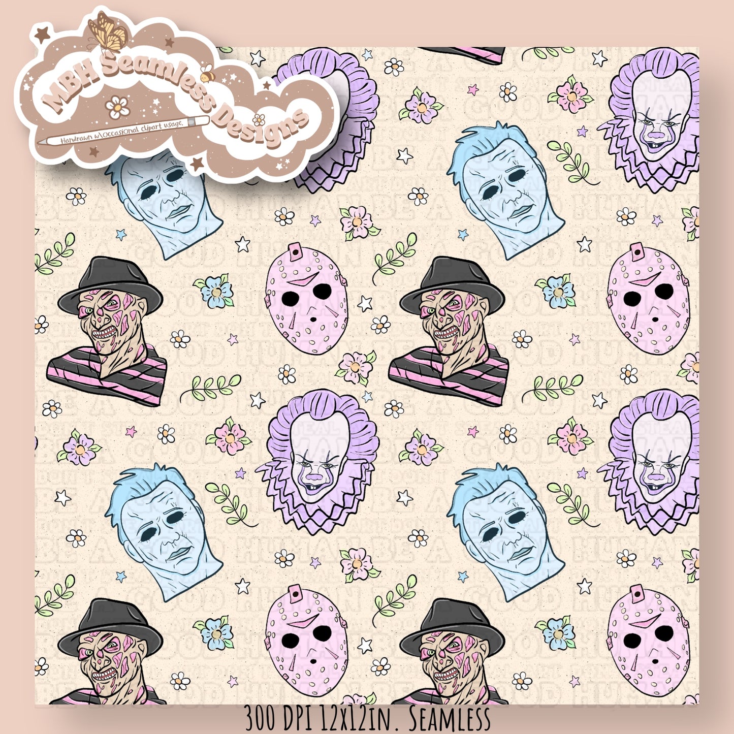 Pastel Floral Horror Mashup Seamless Pattern MULTIPLE COLORWAYS