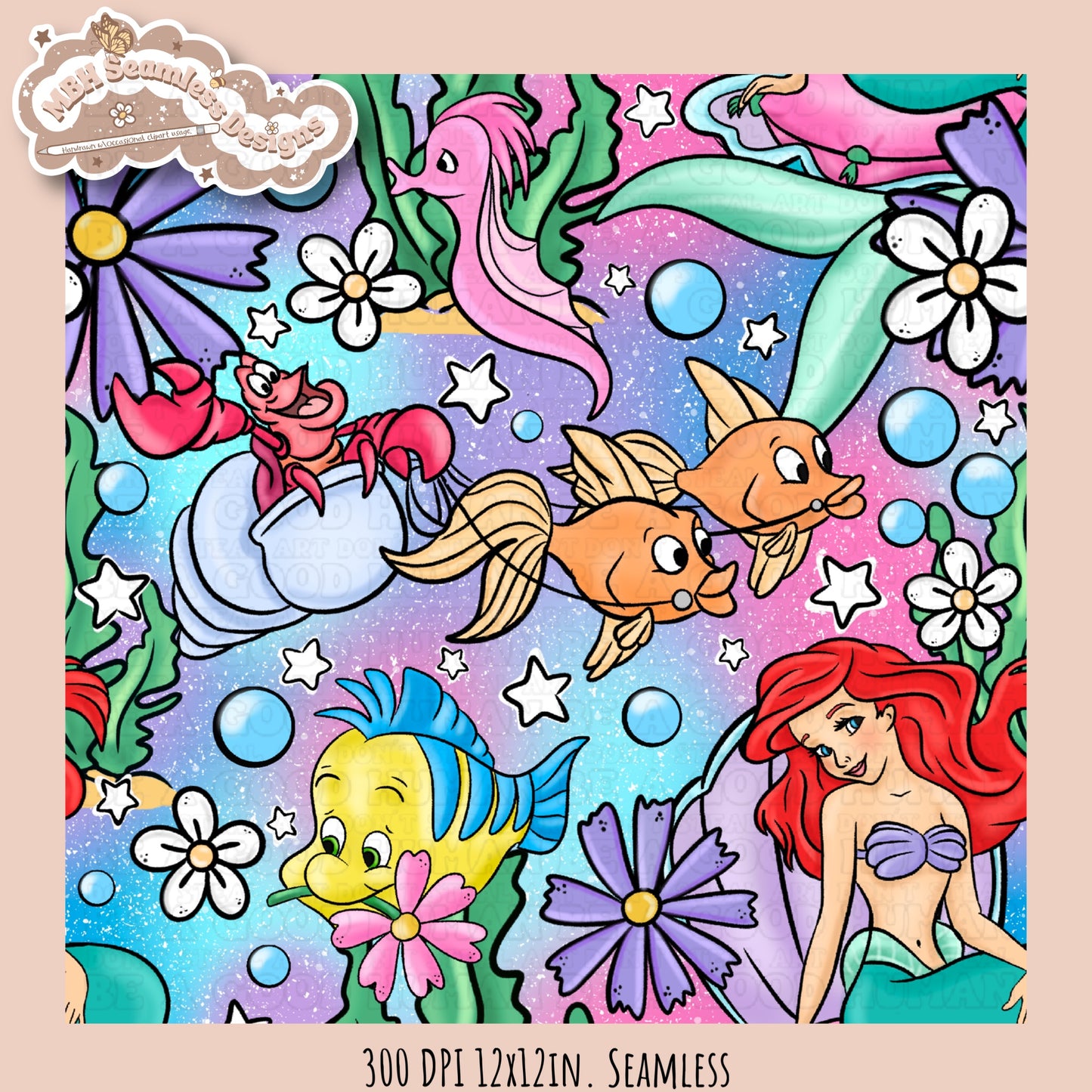 Little Mermaid Floral Seamless Pattern & PNG • MULTIPLE COLORWAY OPTIONS