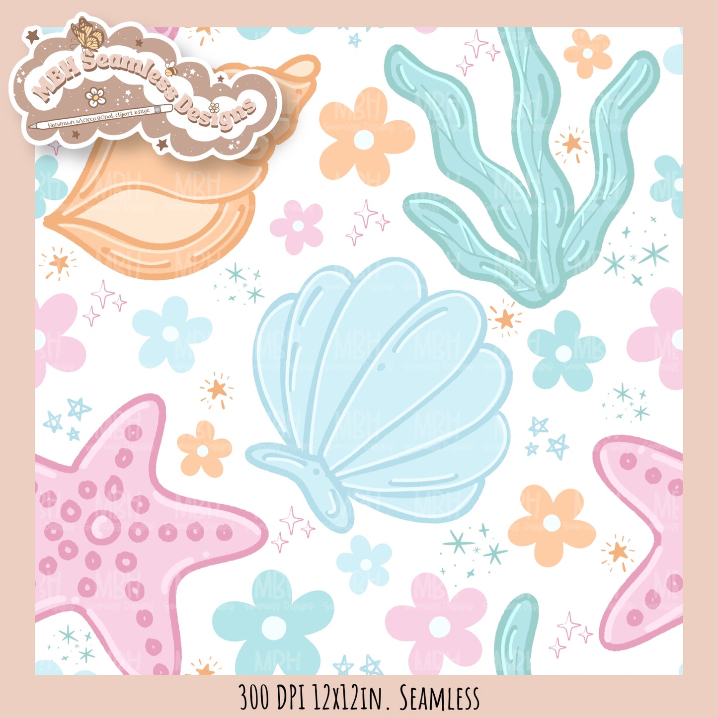 Pastel Seashells & Daisies Seamless Pattern MULTIPLE COLORWAYS