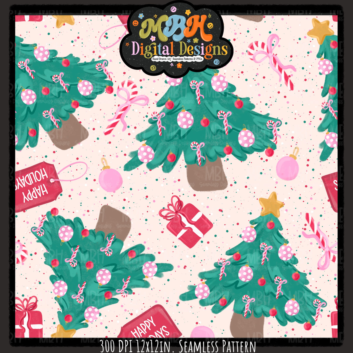 Happy Holiday Trees Seamless Pattern // PNG // MULTIPLE COLORWAYS