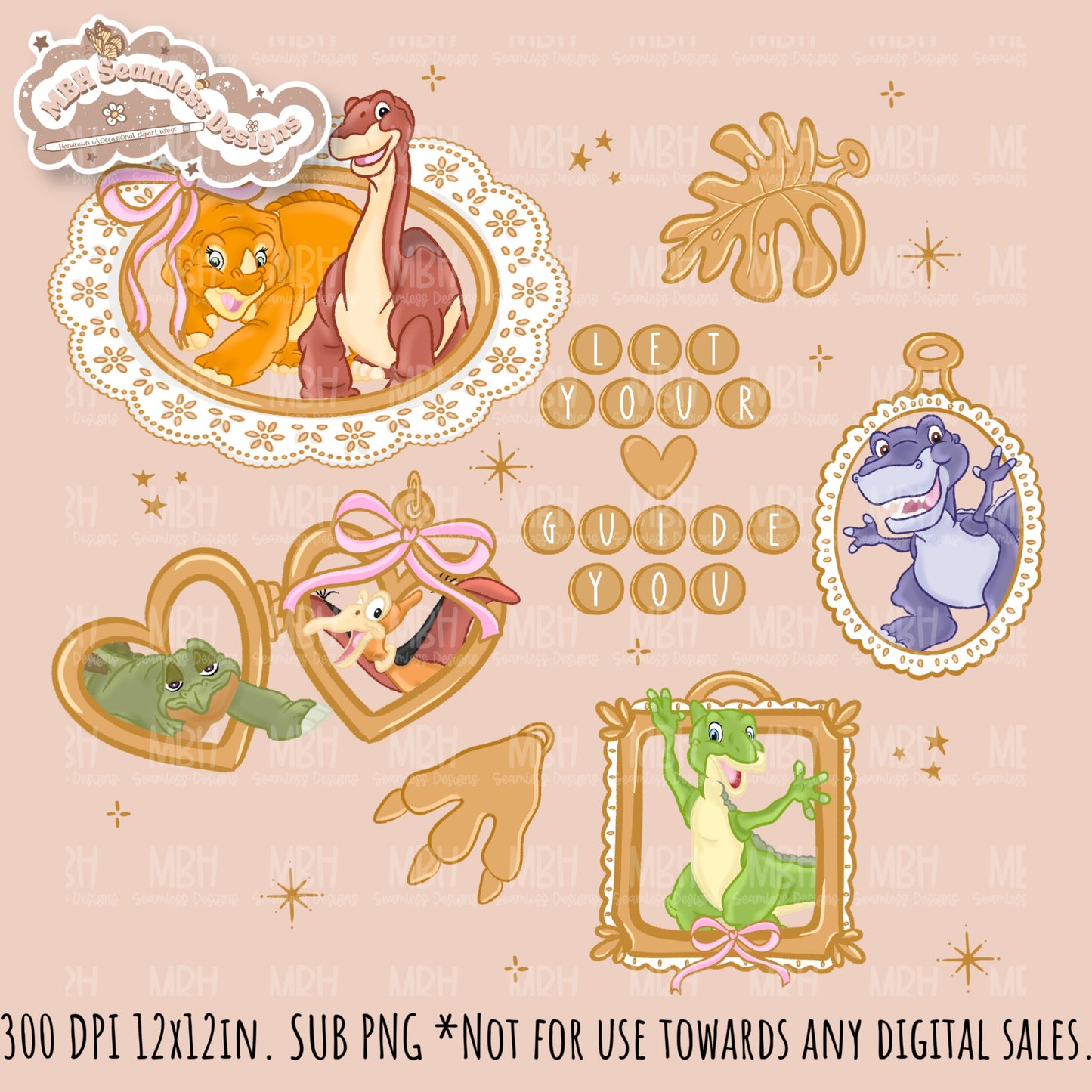 LBT Dinosaur Gold Charms Seamless Pattern // PNG // Multiple Colorway Options