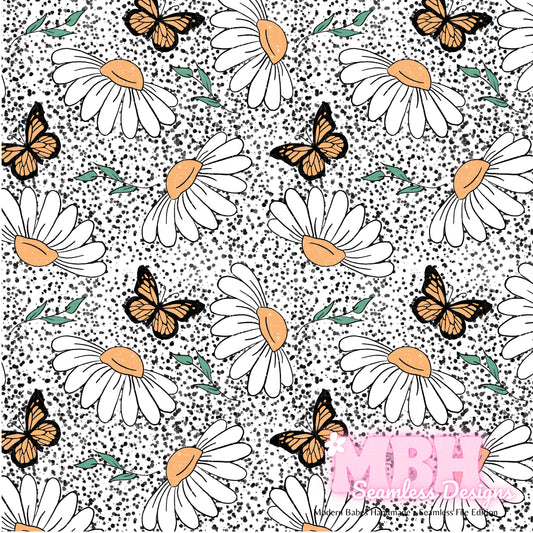 Spotted Butterfly Daisies Seamless Pattern