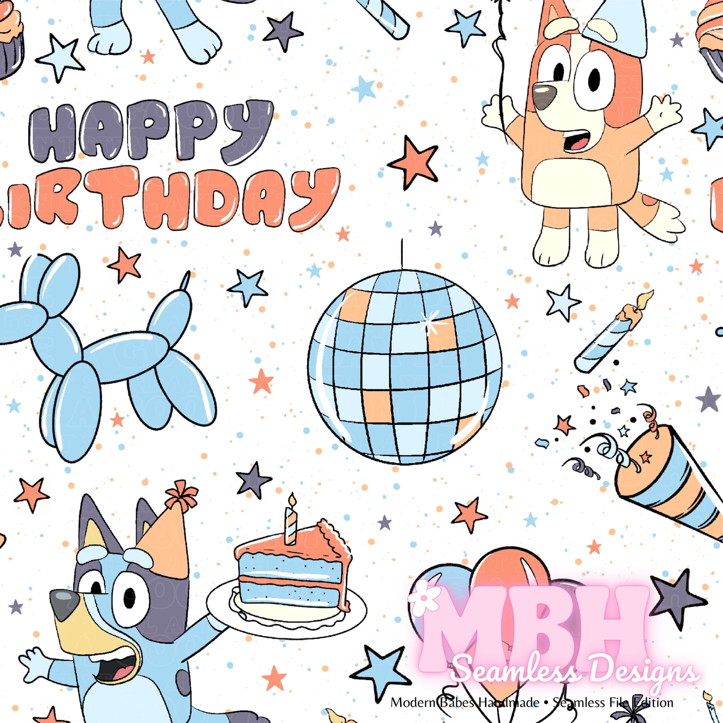 Heeler Disco Birthday MULTIPLE COLORWAYS Seamless Pattern