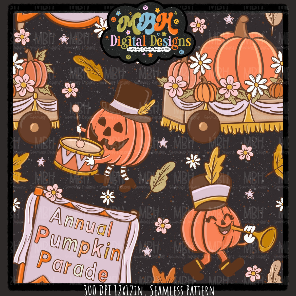 Boho Pumpkin Parade Seamless Pattern// PNG// MULTIPLE COLORWAYS