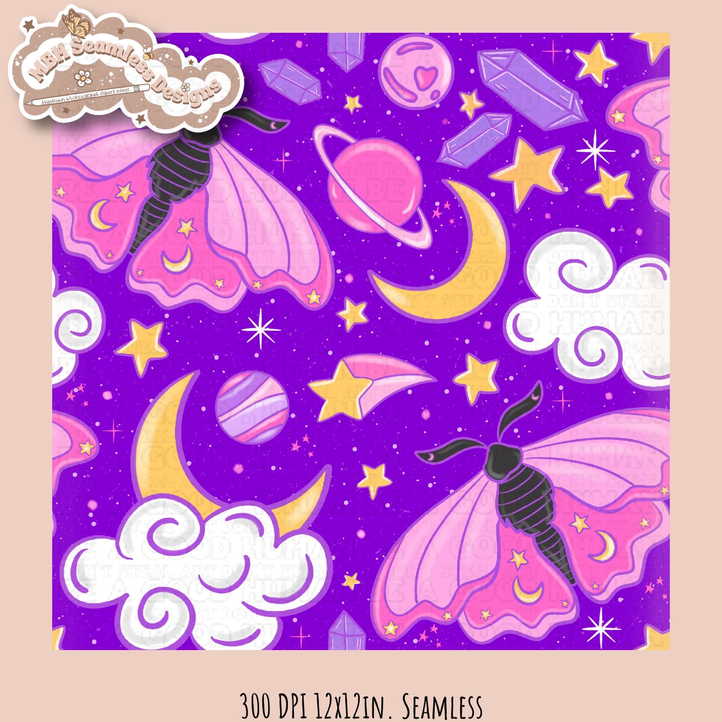 Galaxy Moths Seamless Pattern Multiple Colorways