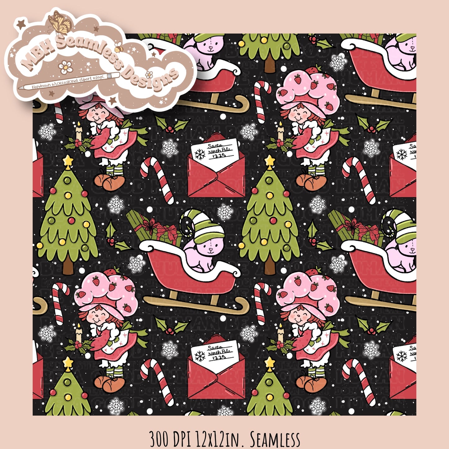 Christmas Strawberry Shortcake Seamless & PNG MULTIPLE COLORWAYS