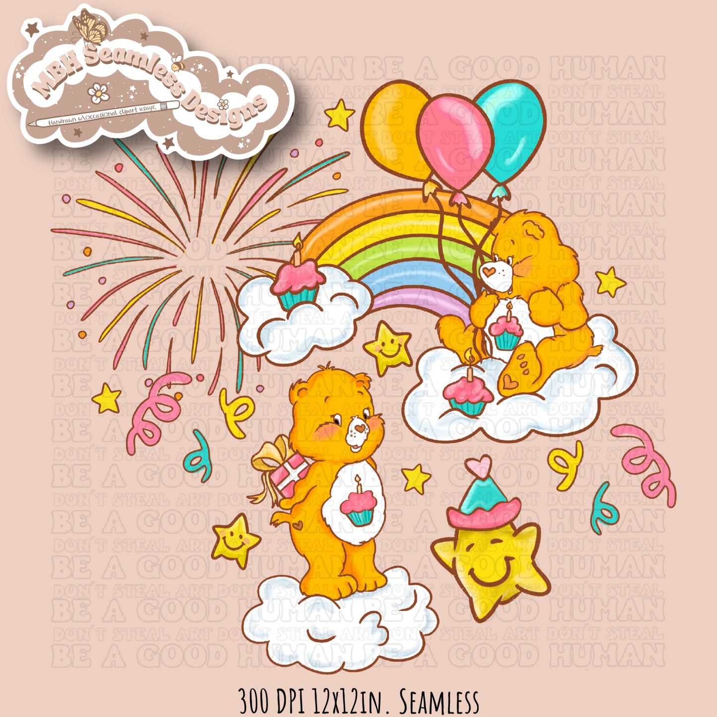 Birthday Care Bear Seamless Pattern & PNG MULTIPLE COLORWAY OPTIONS