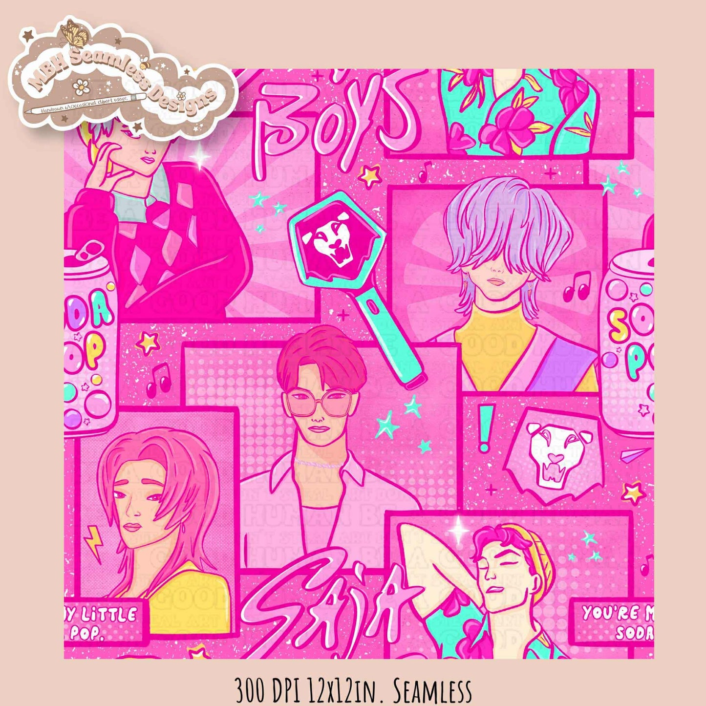 Pink Comic Soda Pop Boys Seamless Pattern // Assorted Colorway Options