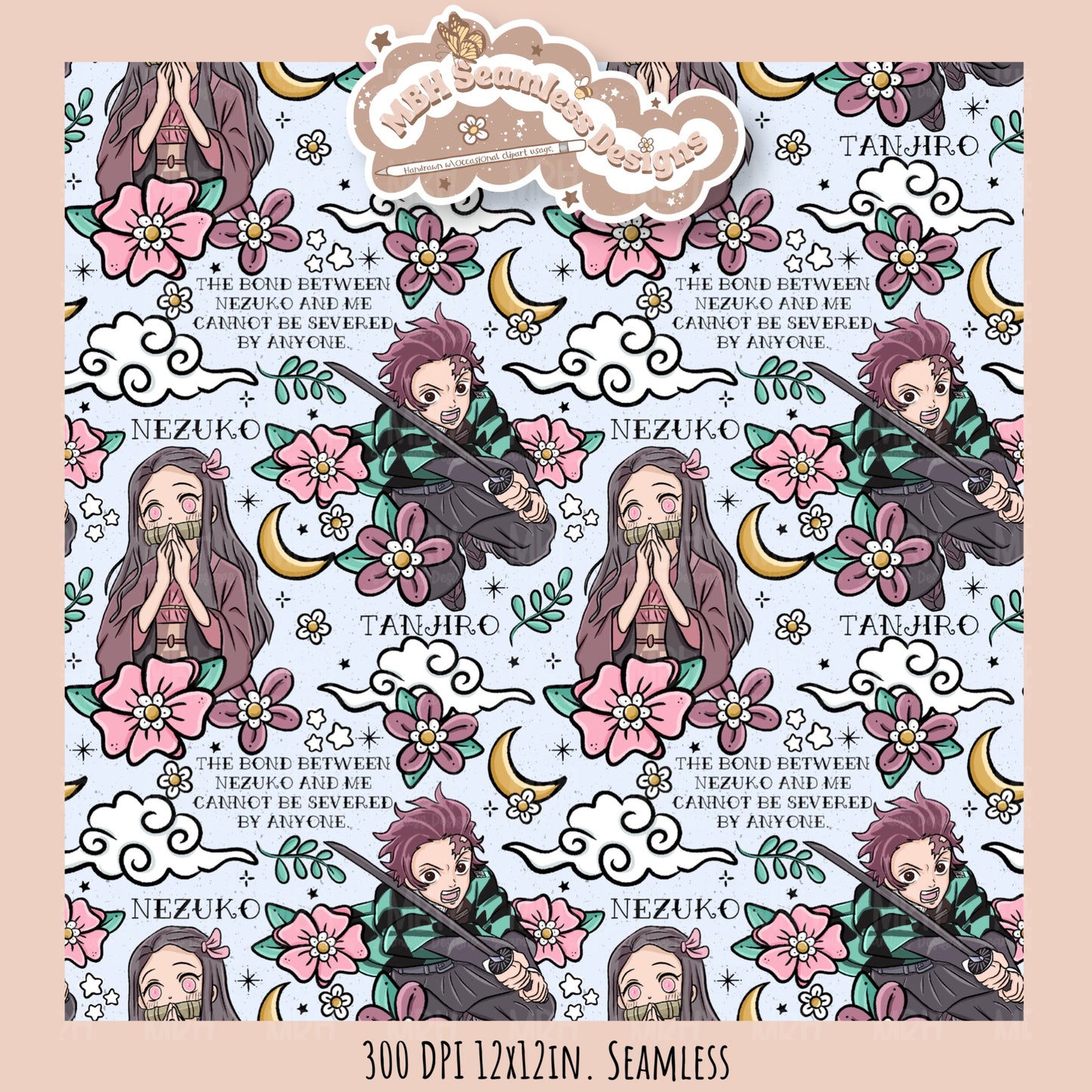 Tanjiro Nezuko Quote Floral Seamless Pattern // PNG // MULTIPLE COLORWAY OPTIONS