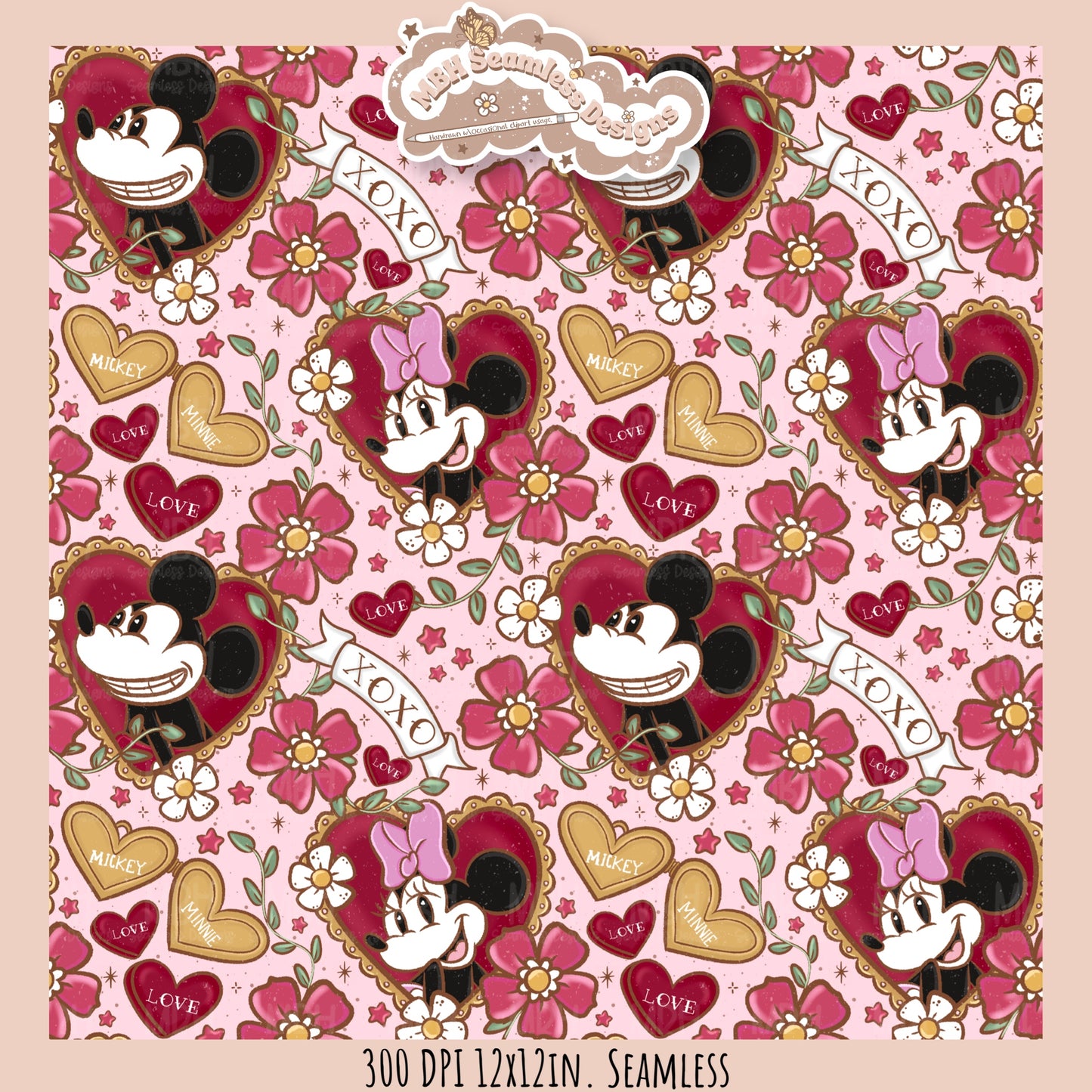 Tattoo FloralMouse Hearts Seamless Pattern // PNG //Multiple Colorways