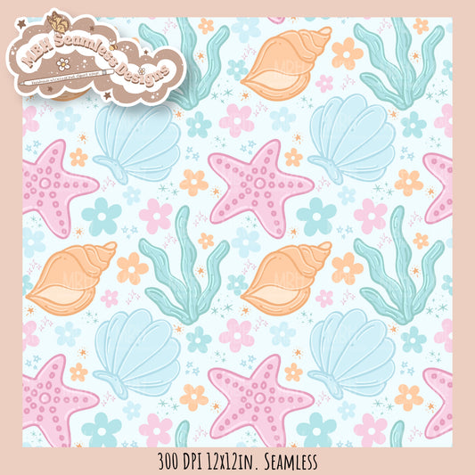 Pastel Seashells & Daisies Seamless Pattern MULTIPLE COLORWAYS
