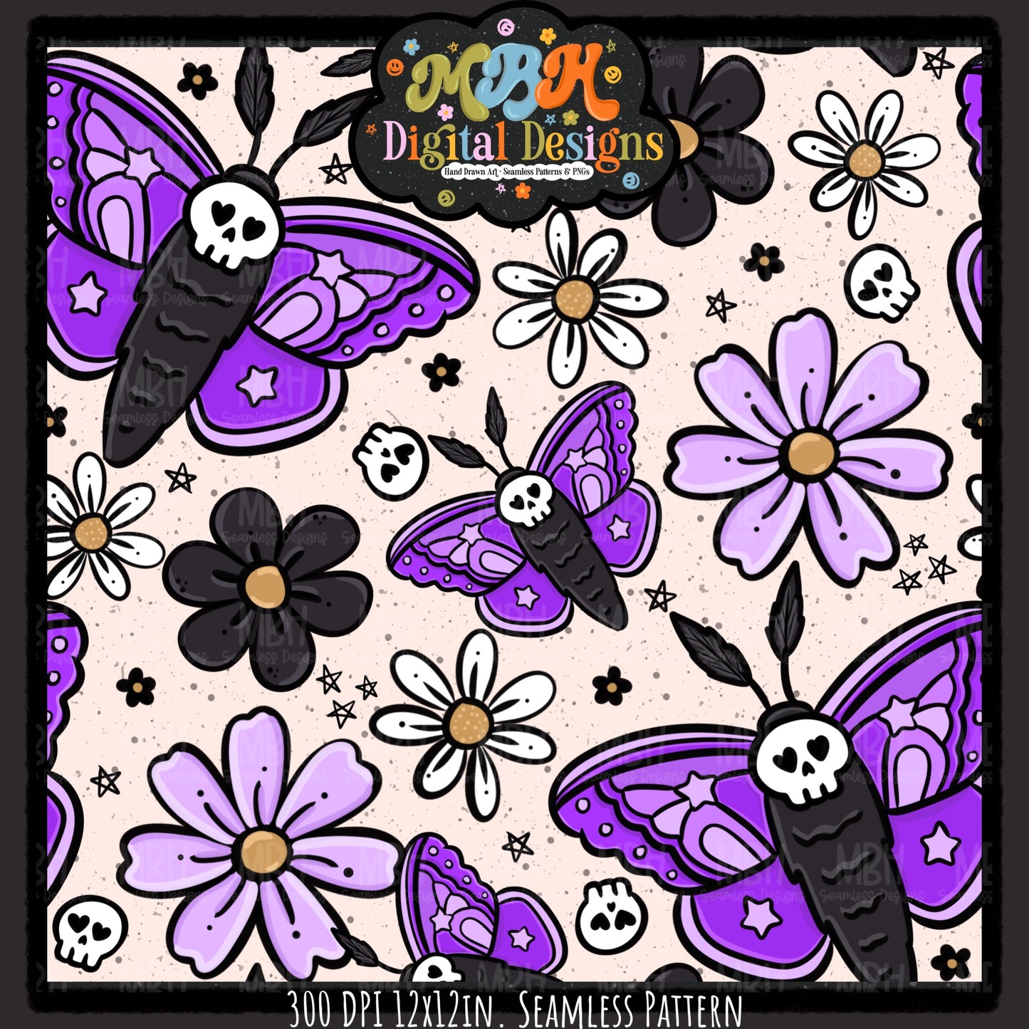 Purple Floral Death Moths Seamless Pattern // PNG // MULTIPLE COLORWAYS