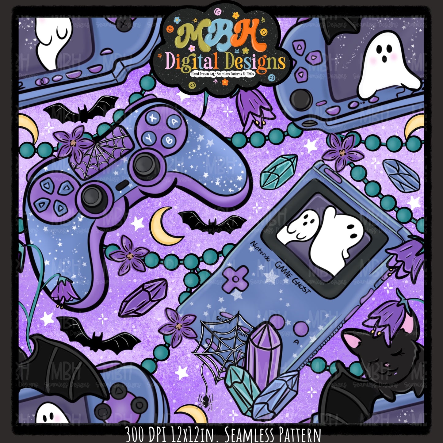 Spooky Gamer Seamless Pattern// PNG// MULTIPLE COLORWAYS