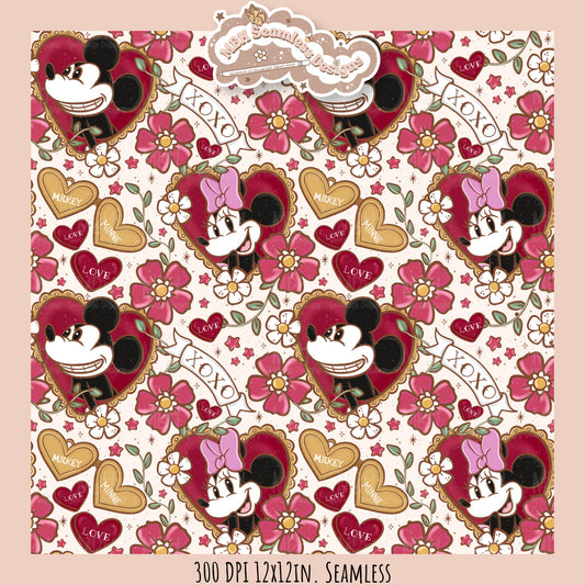 Tattoo FloralMouse Hearts Seamless Pattern // PNG //Multiple Colorways