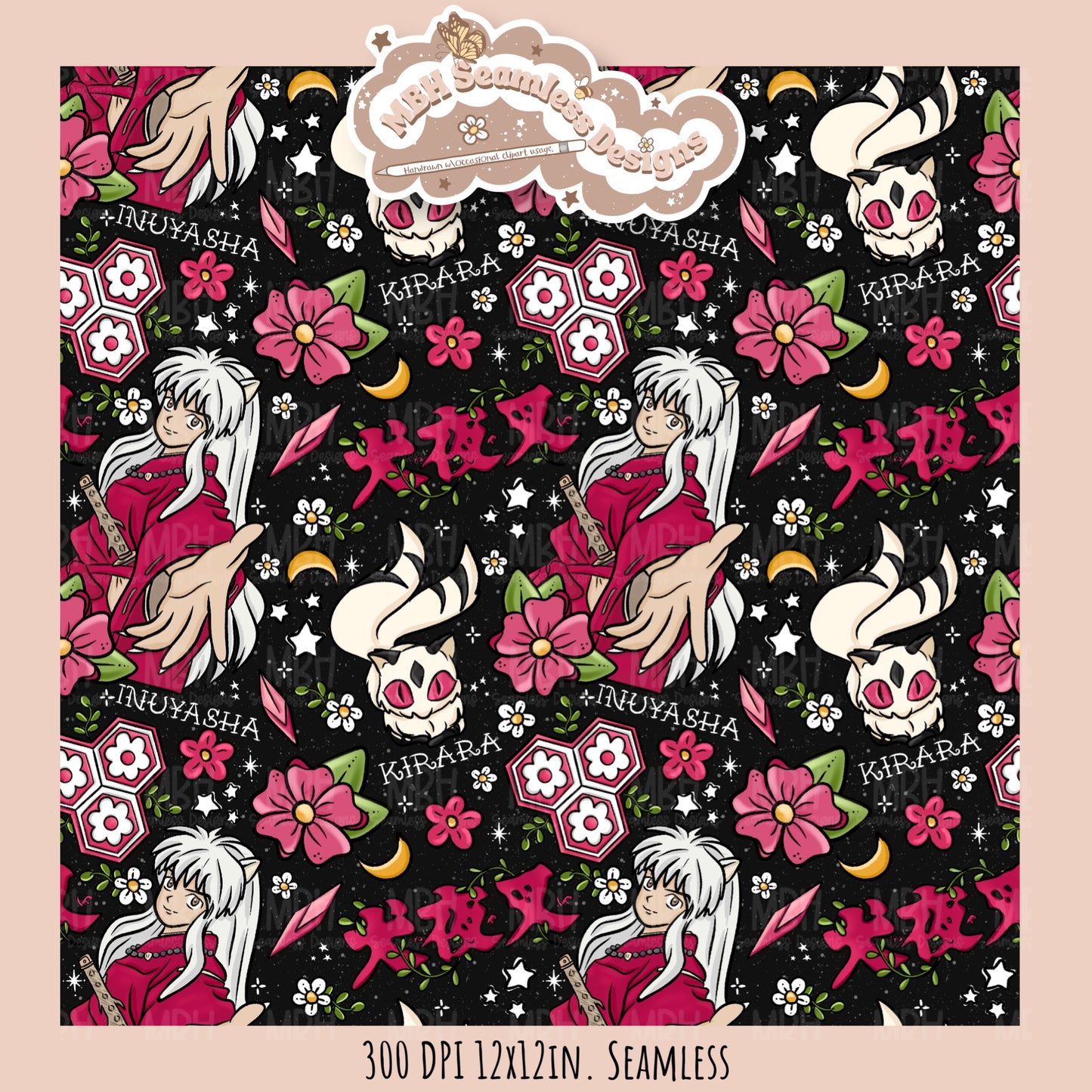 InuYasha Kirara Floral Seamless Pattern // PNG // MULTIPLE COLORWAY OPTIONS
