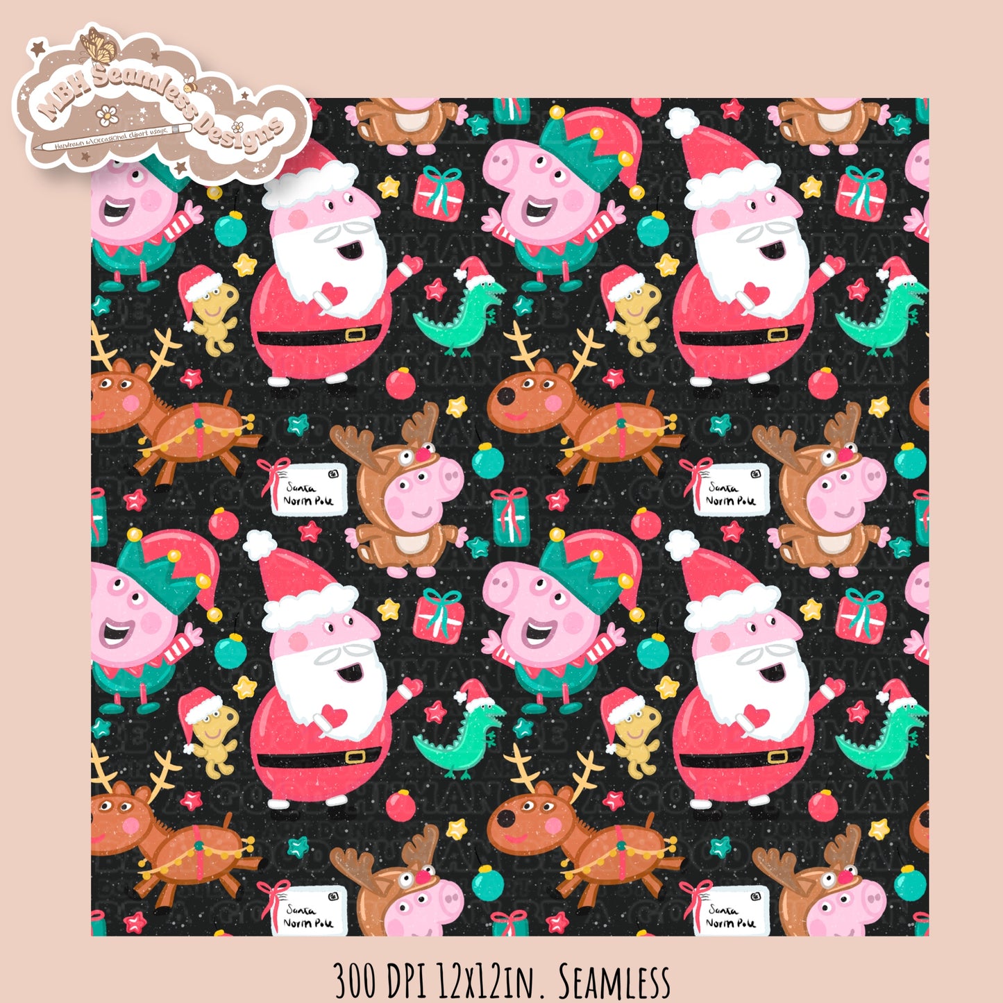 Peppa Christmas Seamless Pattern // PNG // Assorted Colorways